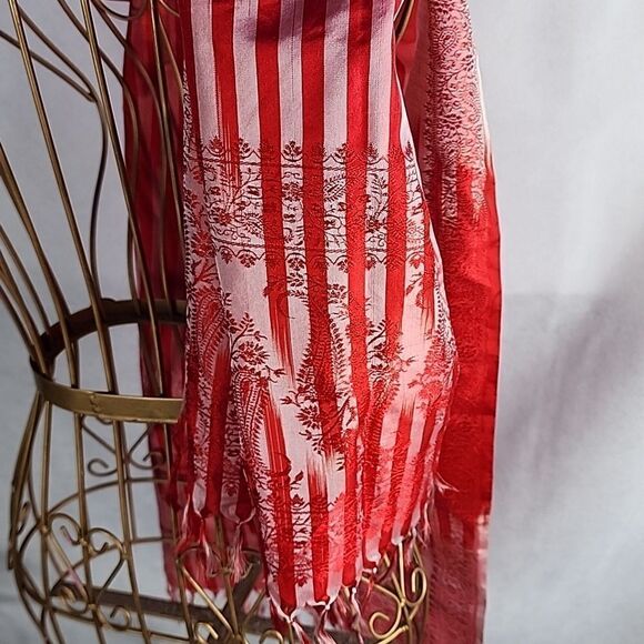 Vintage Silk Red Striped Paisle & Floral Scarf with Fringe - Picture 6 of 11